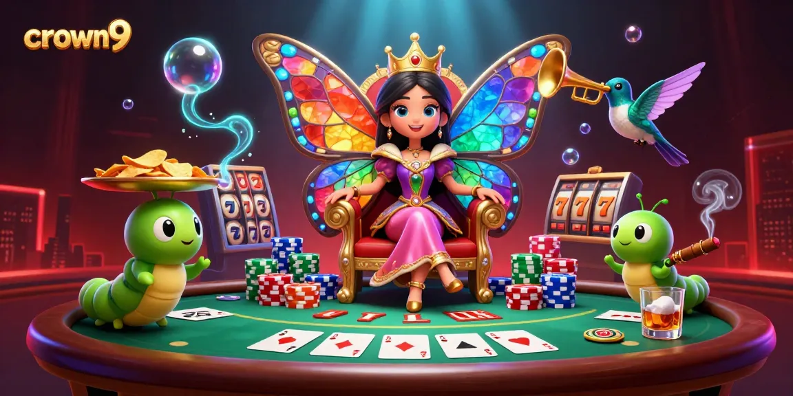 Crown9 games come alive in a vibrant 3D scene featuring a butterfly queen, poker elements, and slot symbols.