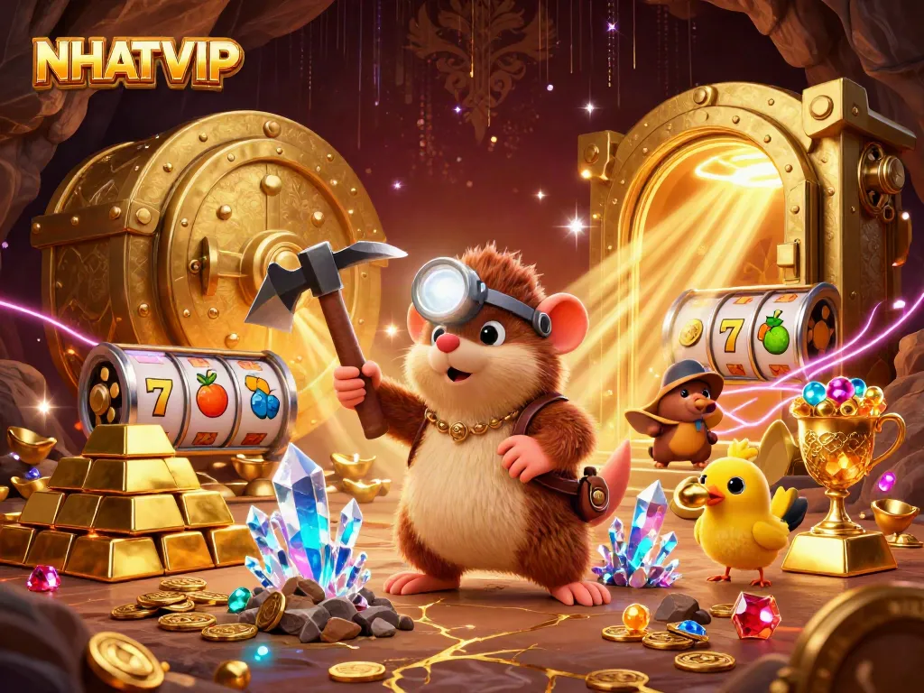 NhatVIP features a treasure hunter mole and canary amidst a vibrant casino backdrop, engaging in mining for gems.