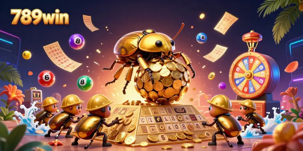Experience the excitement of 789win with a vibrant scene of a golden beetle rolling coins, surrounded by lottery elements and casino symbols.