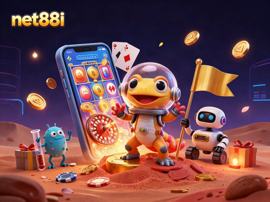 Engage in exciting gameplay with net88i at a vibrant alien casino scene.