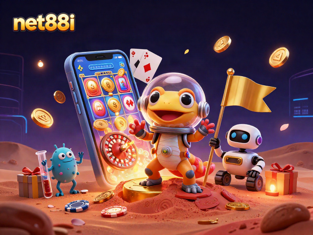 Engage in exciting gameplay with net88i at a vibrant alien casino scene.