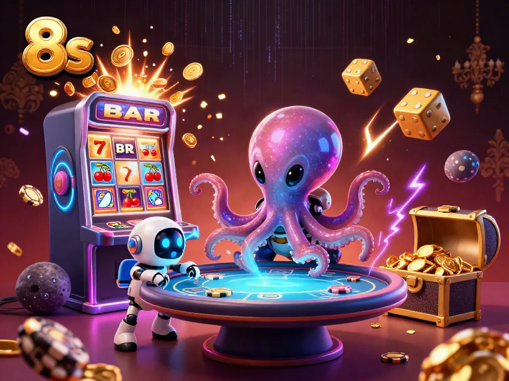 8s online casino illustration with alien octopus and vibrant jackpots bursting with coins