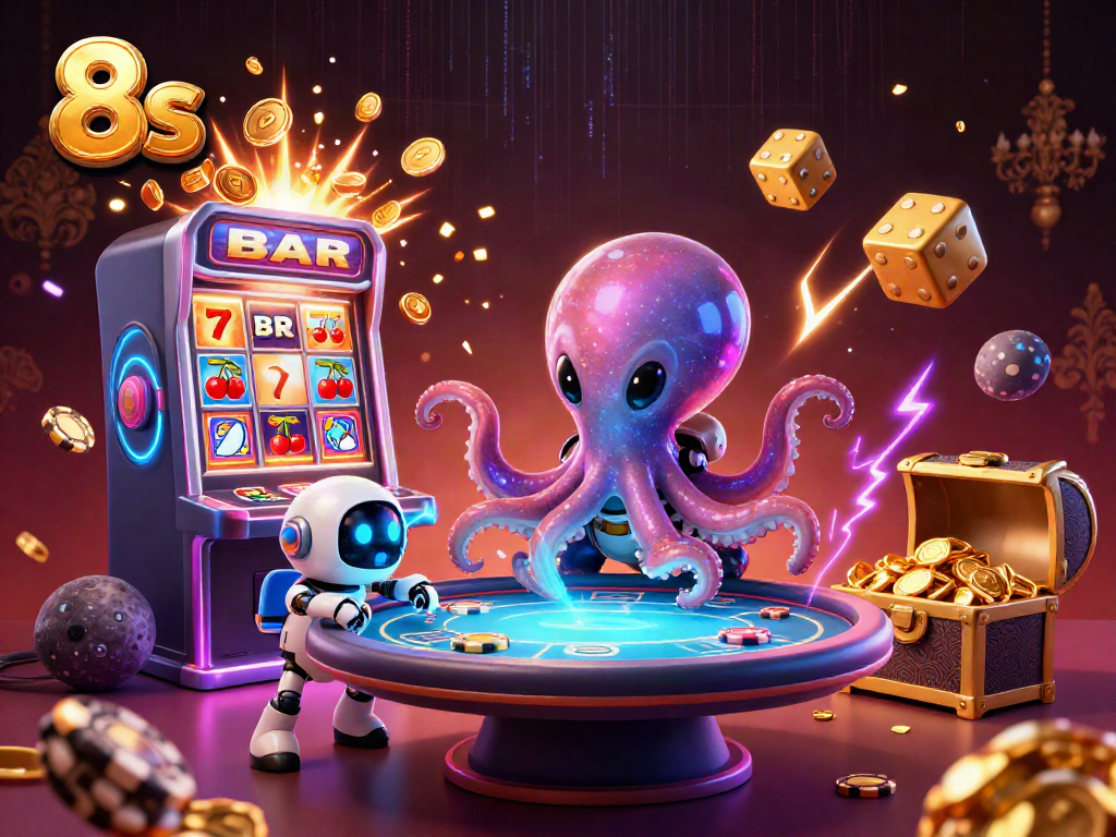 8s online casino illustration with alien octopus and vibrant jackpots bursting with coins