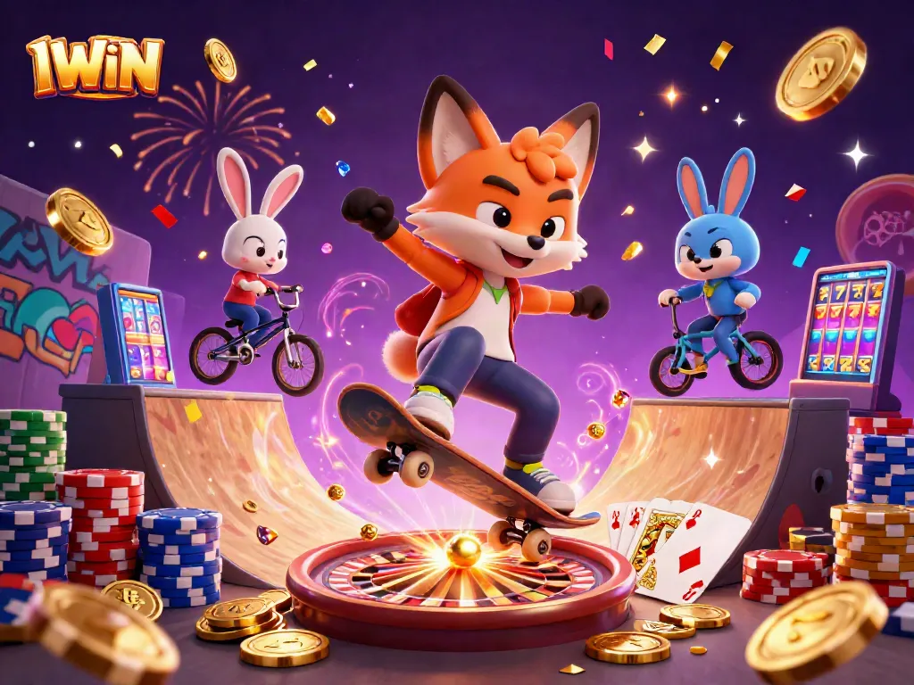 IWIN gaming illustration with cartoon fox and rabbit flipping tricks over stacked poker chips