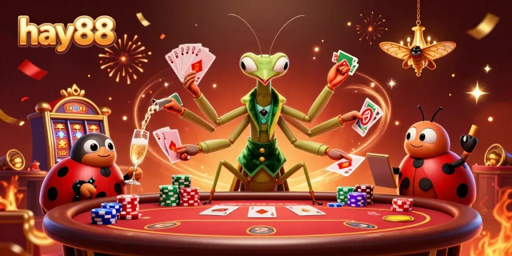 Experience winning excitement at hay88 with a vibrant casino scene featuring a playful praying mantis and ladybug!