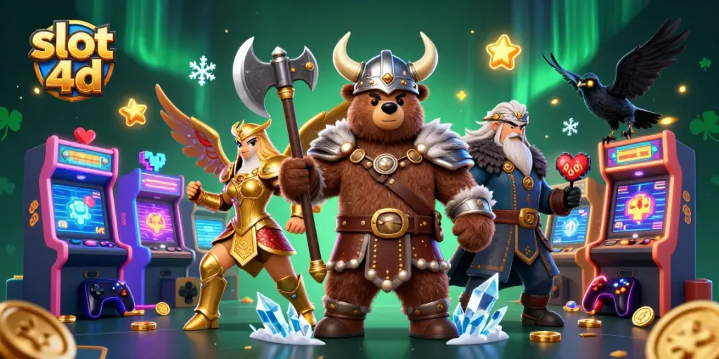 Menangkan slot 4d dengan ilustrasi kasino 3D berisi karakter Viking dan elemen permainan.