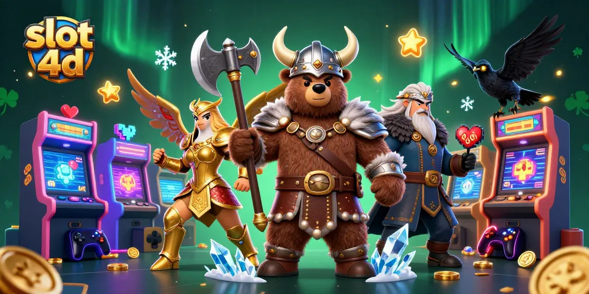 Menangkan slot 4d dengan ilustrasi kasino 3D berisi karakter Viking dan elemen permainan.