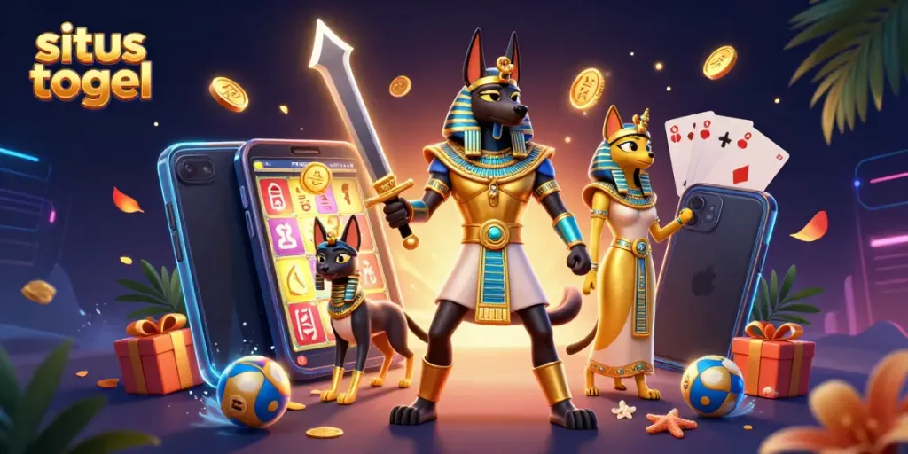 Menggali informasi situs togel dengan ilustrasi Anubis dan Bastet dalam permainan lotere 4D yang menarik.