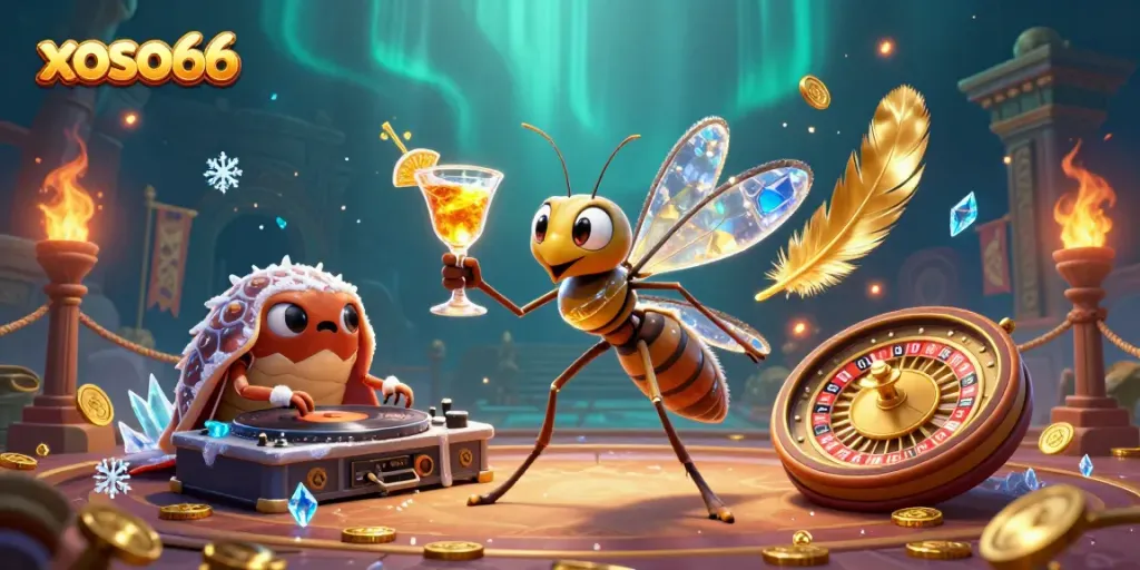 Experience the thrill of xoso66 with a casino mascot and unique gaming elements in a vibrant illustration.