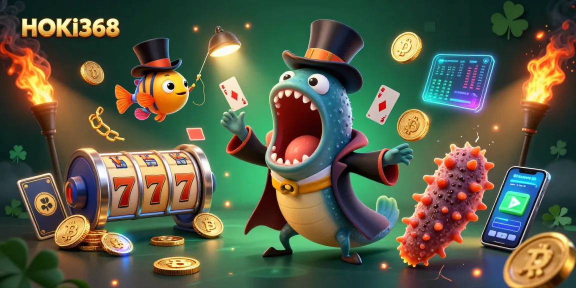Experience thrilling wins at HOKI368 with vibrant casino elements and enchanting sea creatures.