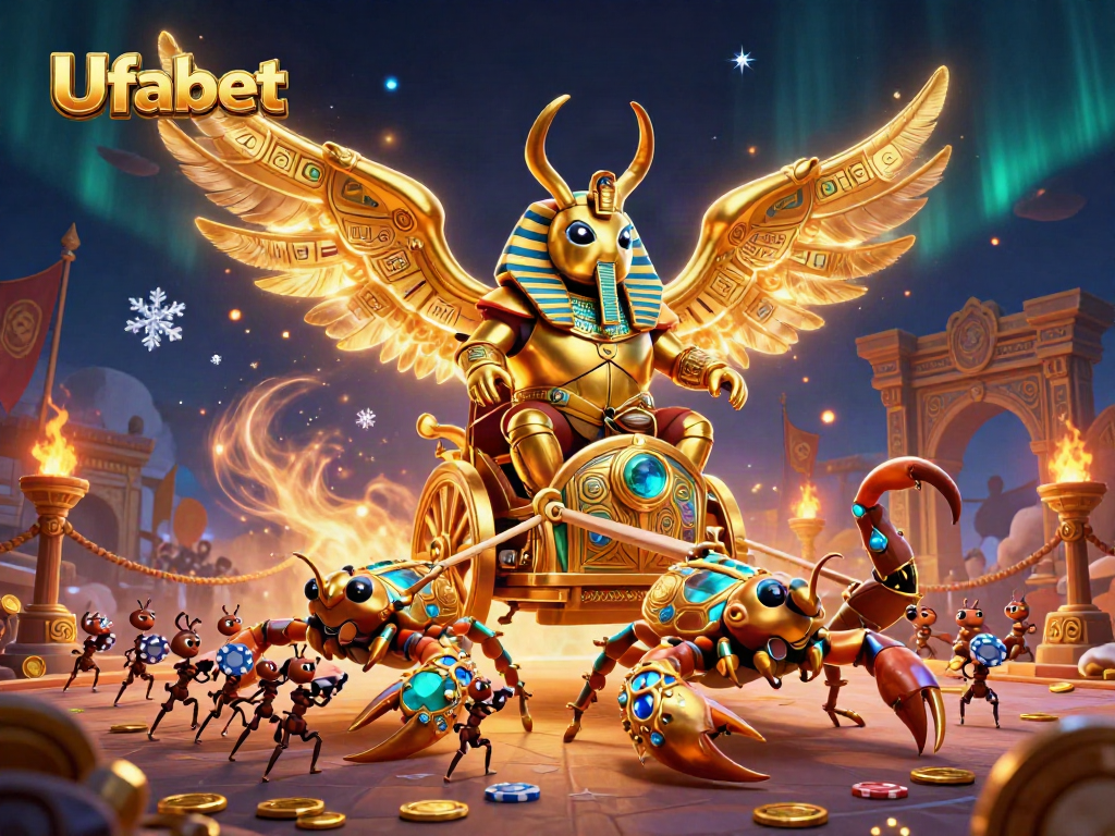Engage with Ufabet through captivating illustrations of a golden scarab beetle in a dynamic casino scene.