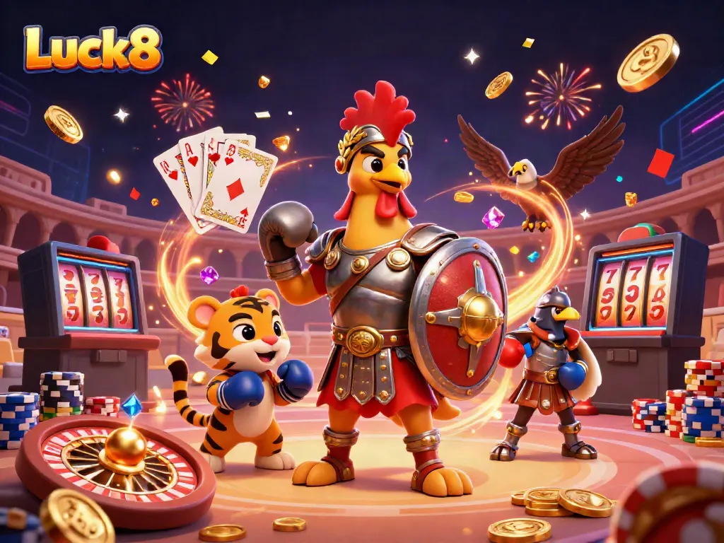 Celebrate big wins at Luck8 with a dynamic illustration of characters enjoying a lively casino scene.