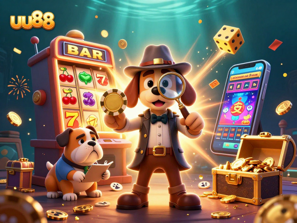uu88 detective exploring a golden poker chip clue amidst a vibrant casino scene