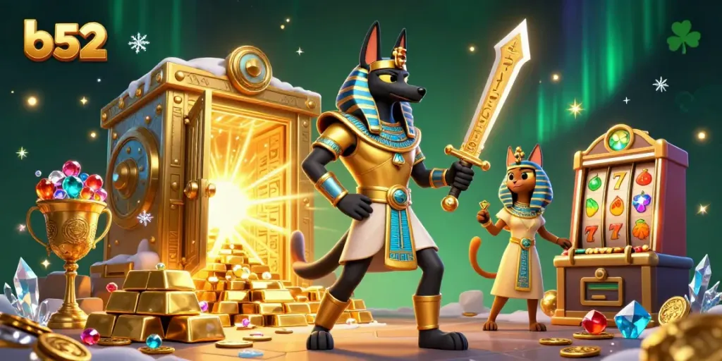 Win big with b52-themed casino action featuring Anubis and treasures in a vibrant scene.