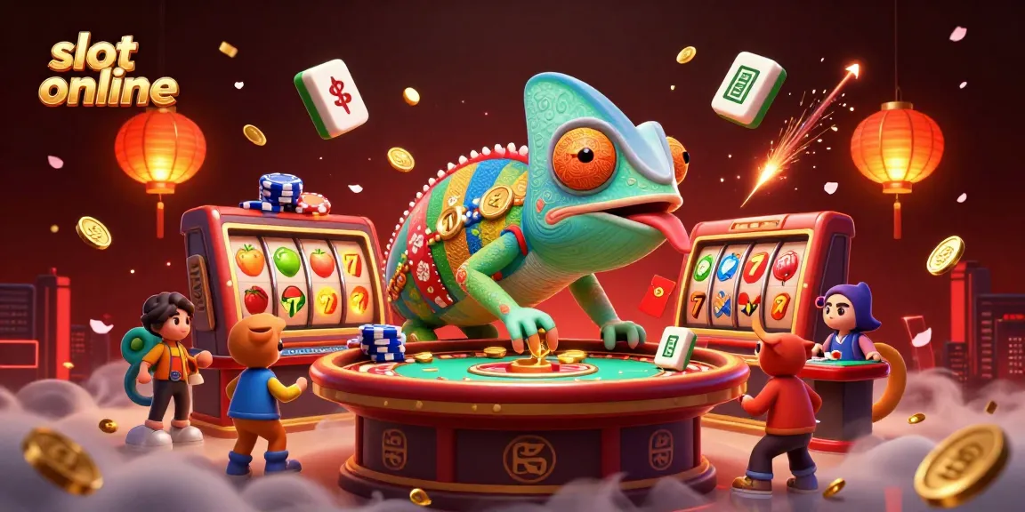 Play exciting slot online games with vibrant scenes featuring a dynamic casino chameleon character.
