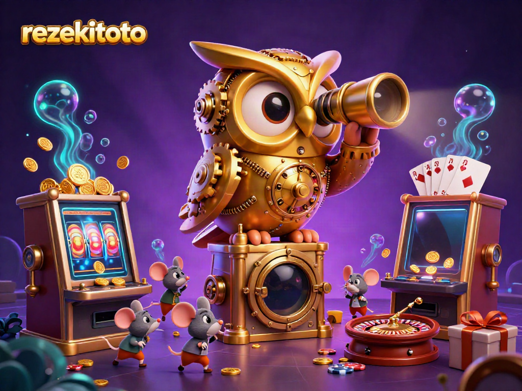 Experience thrilling action with rezekitoto’s golden owl scanning a lively casino floor surrounded by colorful slot game elements.