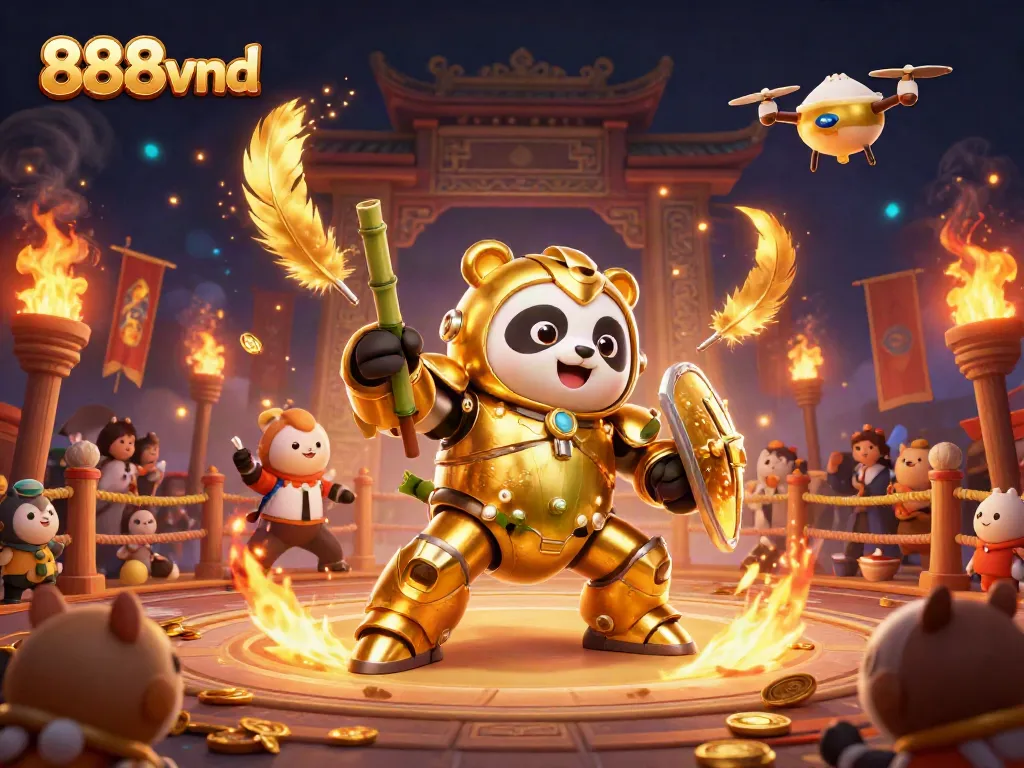 Experience thrilling gaming action at 888vnd with a vibrant 3D panda robot scene.