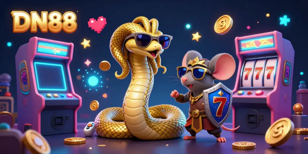 Experience the excitement of DN88 with friendly Medusa, a warrior mouse, and dynamic game elements illustrating a vibrant casino scene.