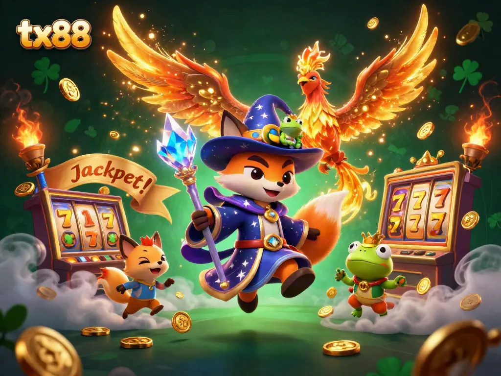 Play engaging slots with tx88 as the mystical wizard fox and phoenix create a vibrant casino atmosphere.