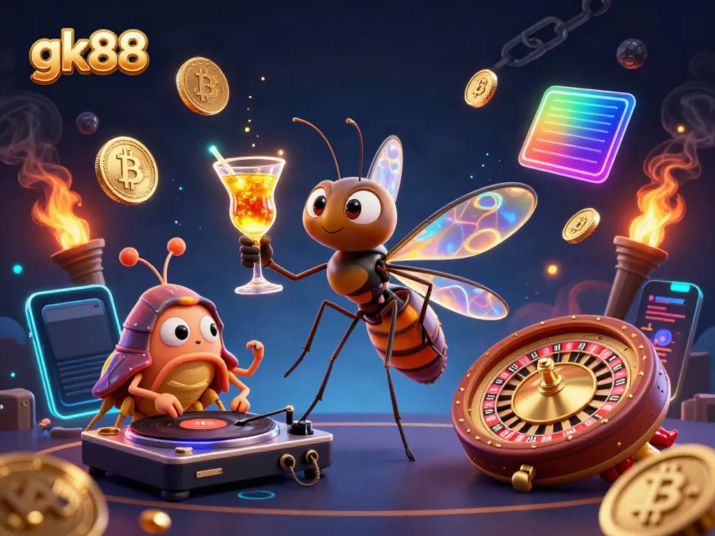Engage with gk88 in a vibrant 3D illustrated casino scene with crypto theme elements.