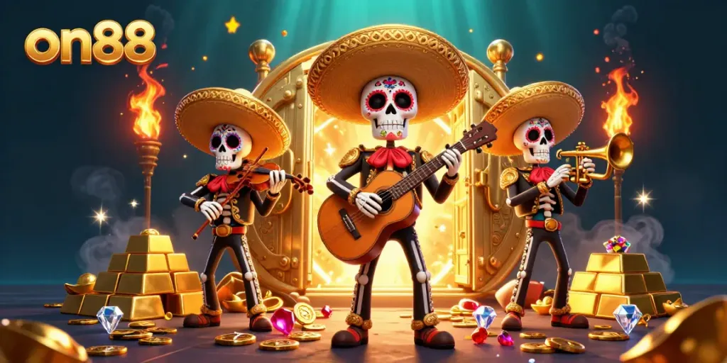 Experience vibrant energy in this on88-themed festive scene featuring a mariachi band amidst treasure.