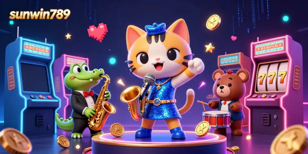 Jazz singer cat and friends perform at sunwin789 casino with neon elements and arcade machines.