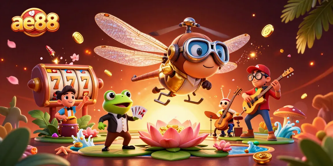 Engage with ae88's vibrant gaming scene featuring a dragonfly pilot above a lily pad casino.
