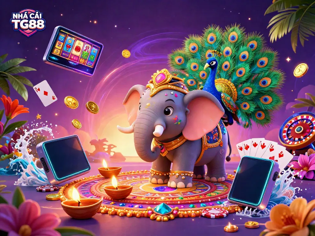 Experience the excitement of NHÀ CÁI TG88 with a vibrant 3D casino illustration featuring colorful slot games and dynamic elements.