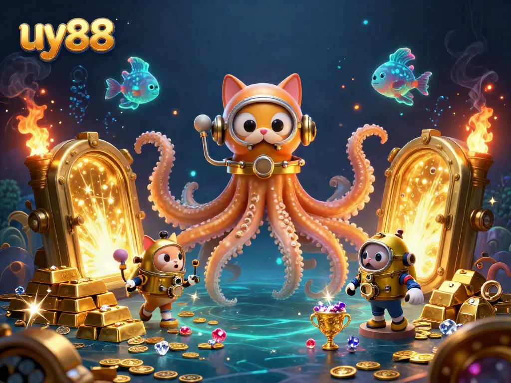 Experience thrilling rewards at uy88 with an adventurous underwater scene featuring a cartoon kraken and divers.
