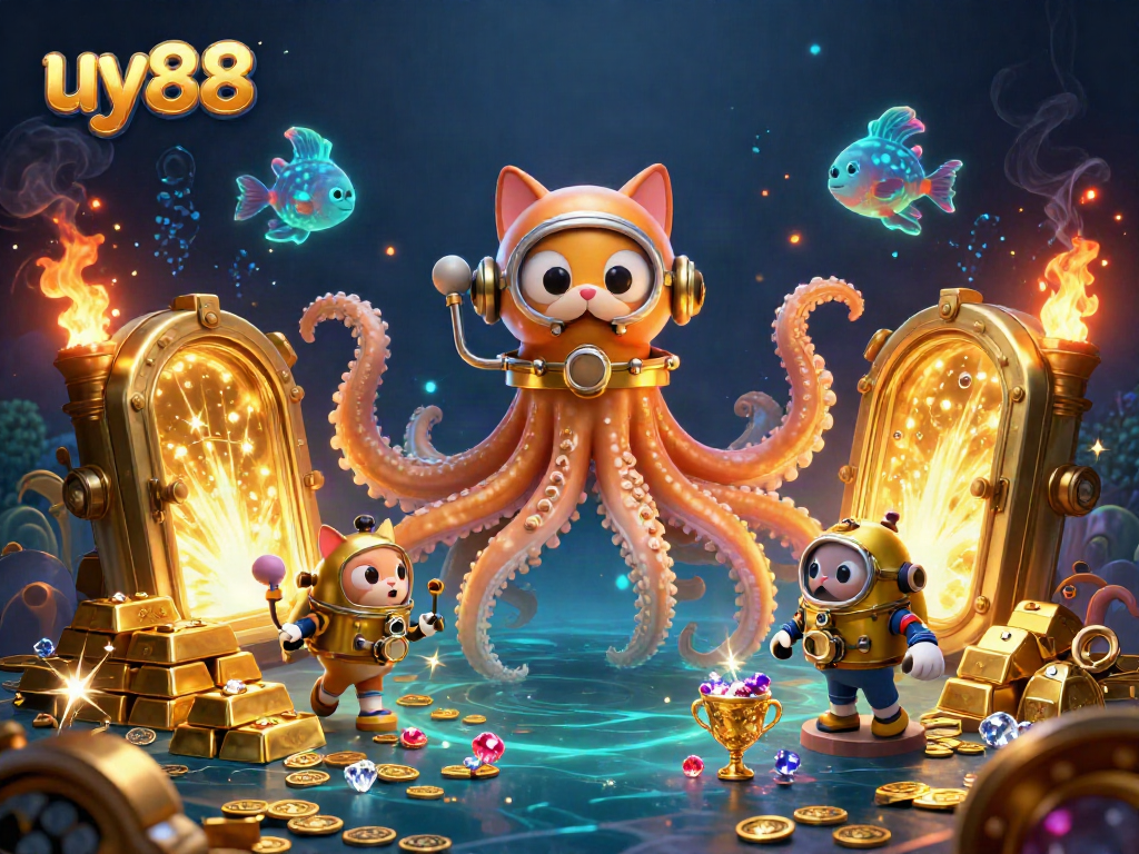 Experience thrilling rewards at uy88 with an adventurous underwater scene featuring a cartoon kraken and divers.