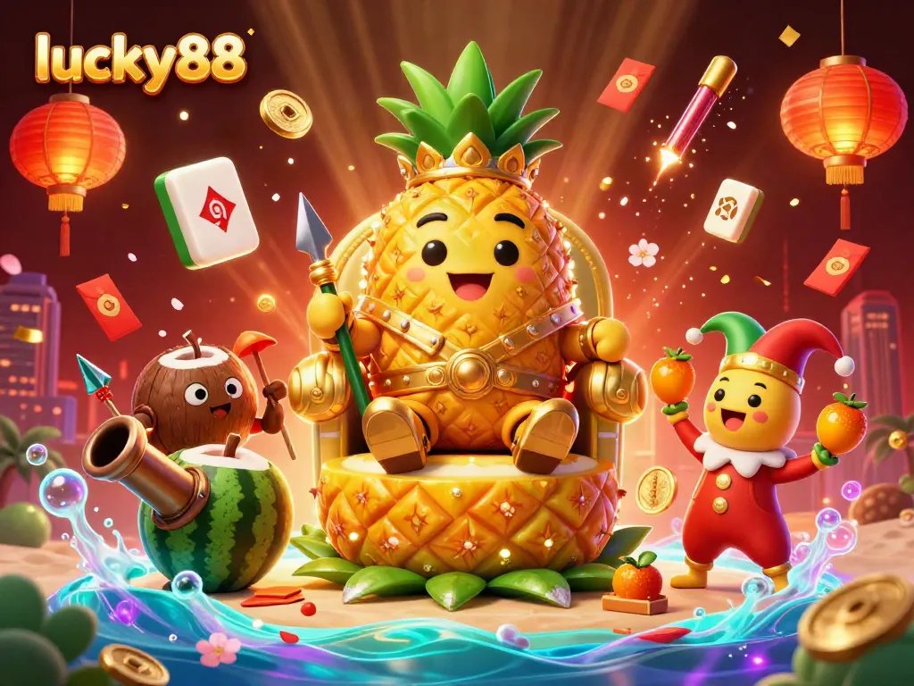 Engage with lucky88's vibrant casino adventure featuring a golden pineapple king and dynamic game elements.