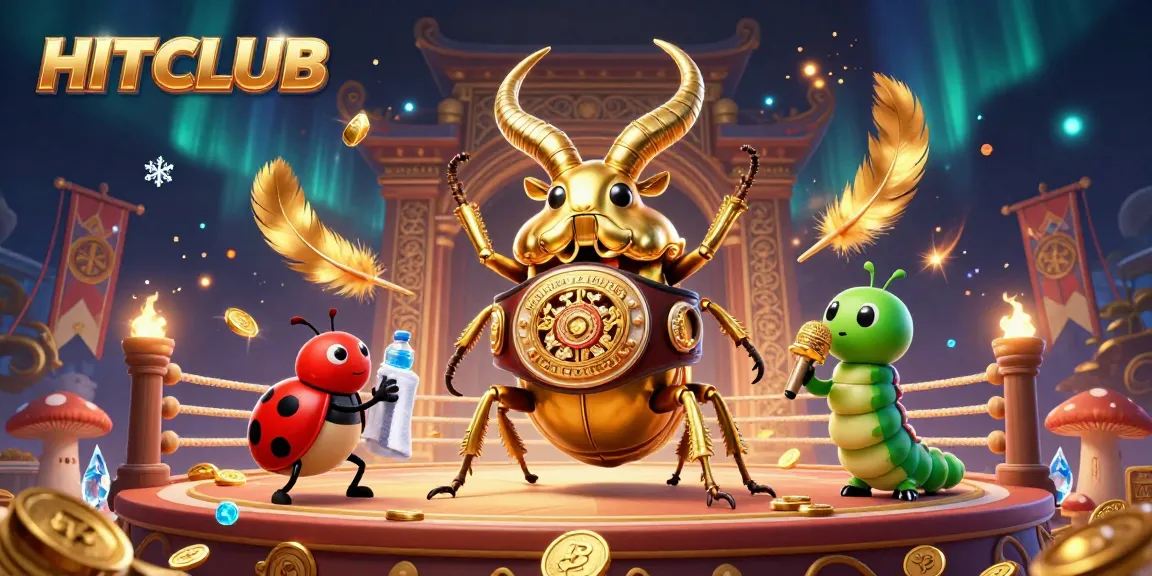 Engage with HITCLUB's vibrant 3D cartoon illustration featuring a boxing beetle, a ladybug corner-man, and a caterpillar announcer in a dynamic casino arena.