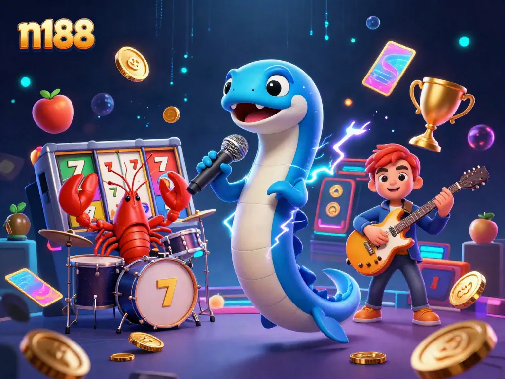 Experience electrifying casino action with n188's vibrant underwater scene featuring a DJ eel, lobster, and seahorse.