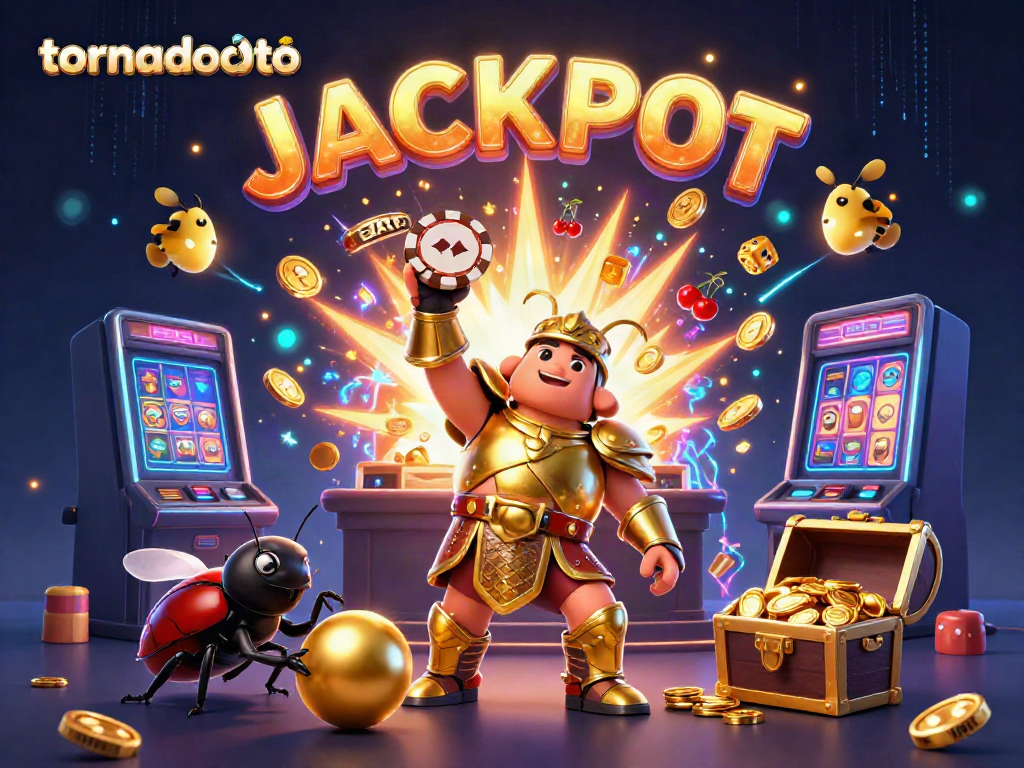 Experience the excitement of tornadototo with a dynamic illustration showcasing massive slot machines and jackpot celebrations.