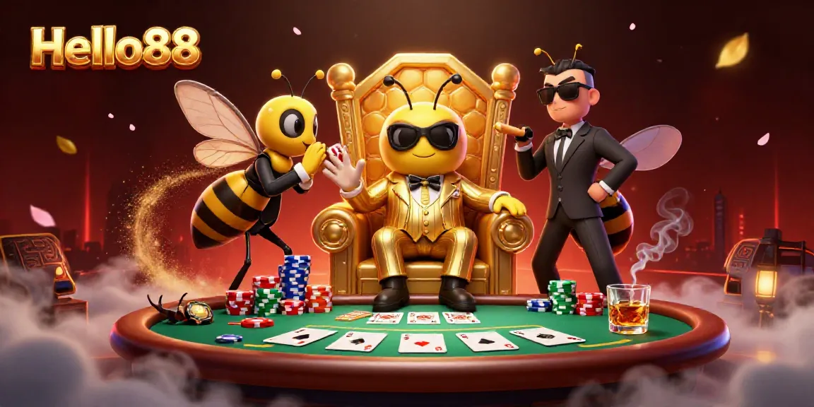 Experience thrilling gameplay at Hello88 with a 3D bumblebee mob boss at a vibrant poker table.