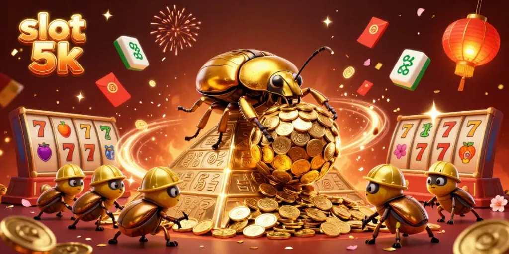 Experience the excitement of slot 5k with golden beetles and casino symbols in a vibrant illustration.