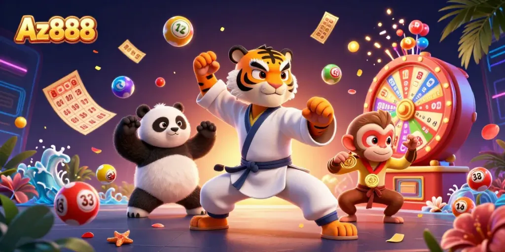 Experience the thrill of Az888 with colorful games and vibrant casino elements in this dynamic 3D illustration.