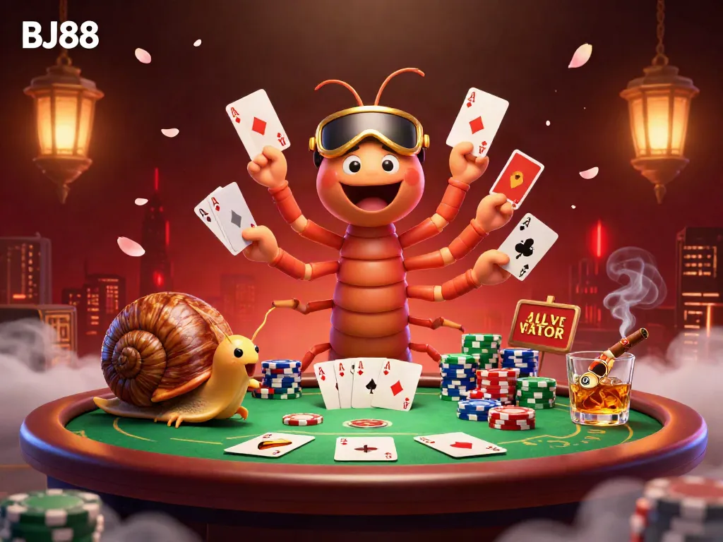 BJ88 cartoon dealer showcases a high-stakes poker scene with vibrant energy.