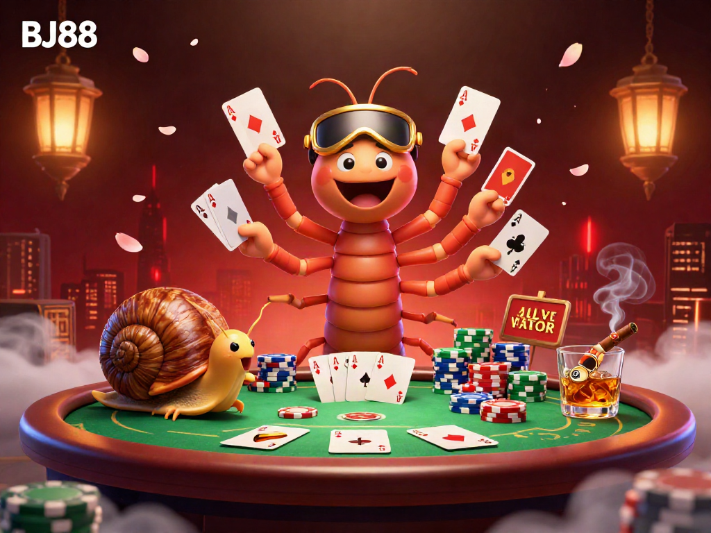 BJ88 cartoon dealer showcases a high-stakes poker scene with vibrant energy.