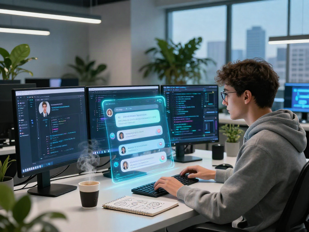 AI chat nsfw interface on futuristic holographic display in modern workspace.