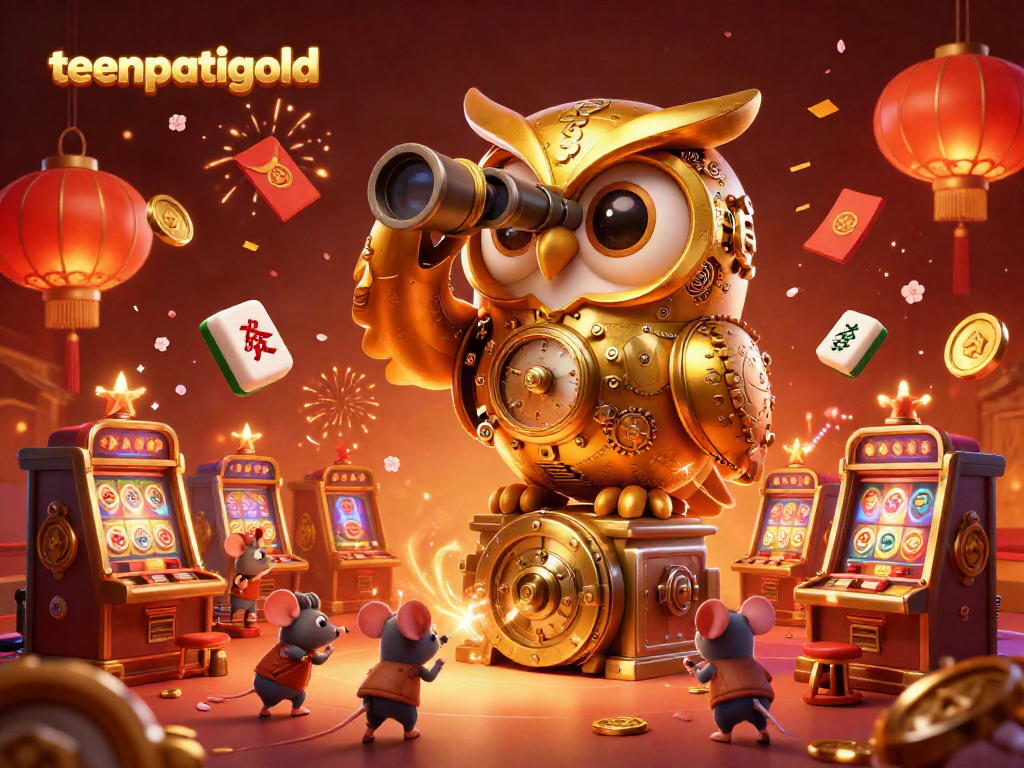 Experience the excitement of teenpatiigold with a vibrant 3D casino scene featuring a golden owl and lively game elements.