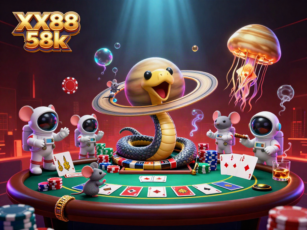 Experience thrilling cosmic betting with XX88 58k featuring a Saturn snake and gambling mice in a vibrant casino scene.
