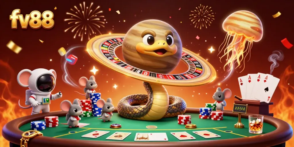 Dynamic roulette scene with fv88 characters betting on a cosmic wheel, enhancing excitement.