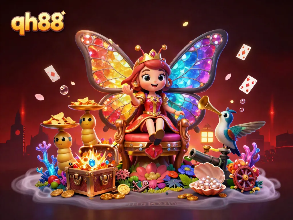 Experience the vibrant world of qh88 with a majestic butterfly queen and dazzling casino treasures.