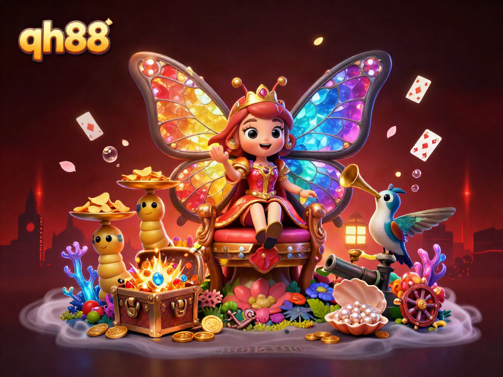 Experience the vibrant world of qh88 with a majestic butterfly queen and dazzling casino treasures.