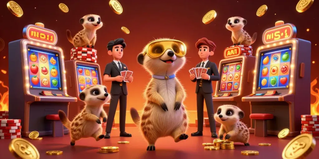Experience the excitement of f8bet with cartoon meerkats running a dynamic casino scene filled with colorful slot machines and gold coins.