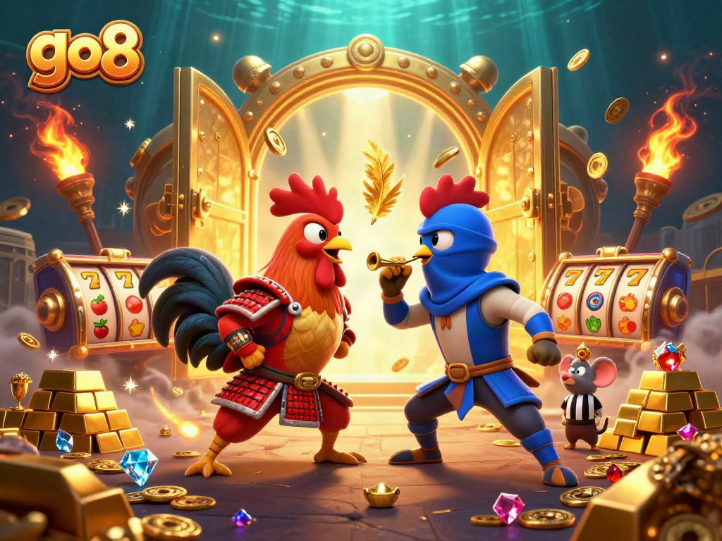 Experience thrilling roosters in armor clashing over treasures in this go8 casino scene.