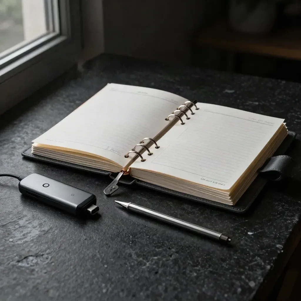 Czarny segregator planowania lekcji, klikacz, hub USB-C i metalowe etui w ciemnym studio.