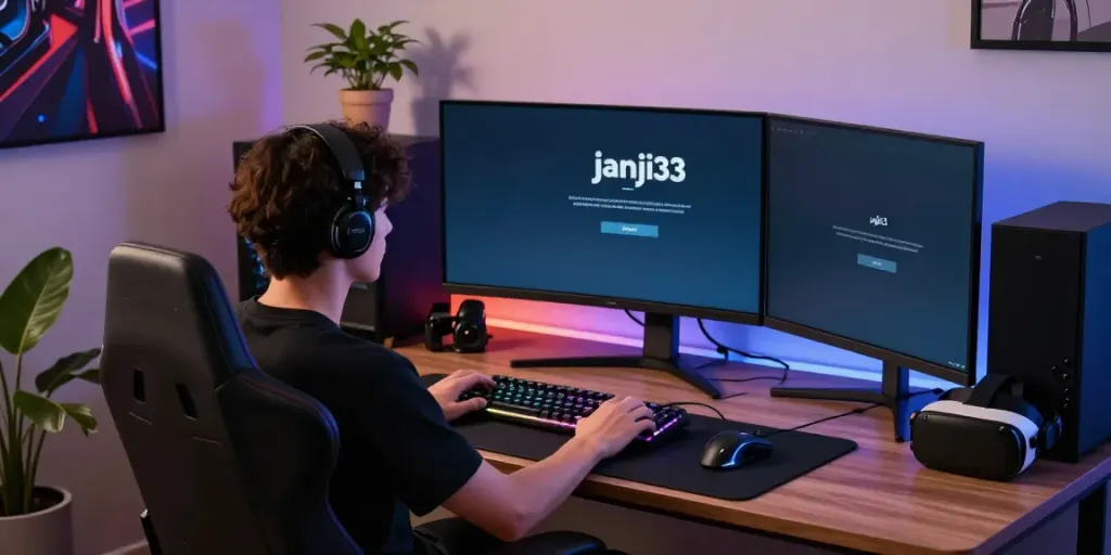 Engaging modern gaming setup featuring janji33 login screen and dynamic lighting.