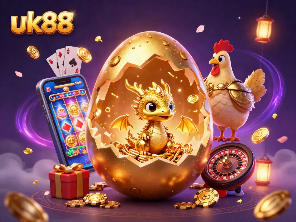 Join the excitement at uk88 with a golden dragon emerging from a jackpot, portraying the thrilling casino experience.